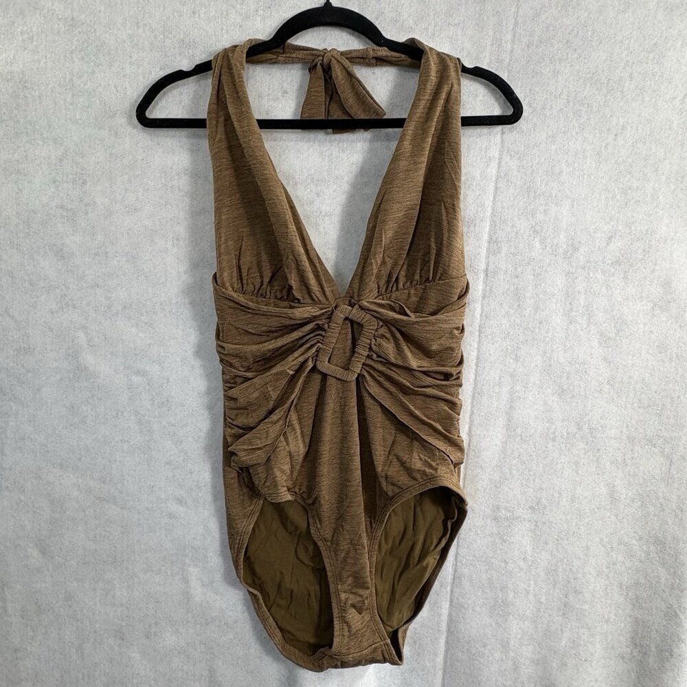 TOMMY BAHAMA Women Halter Deep V One Piece Swimsuit Sz‎ M Gold Bronze 5-17